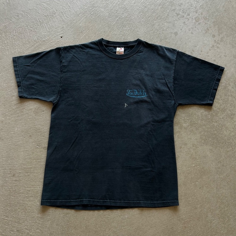 Vintage 90s Von Dutch Shirt Size XL Black Blue Logo Paint Splatter